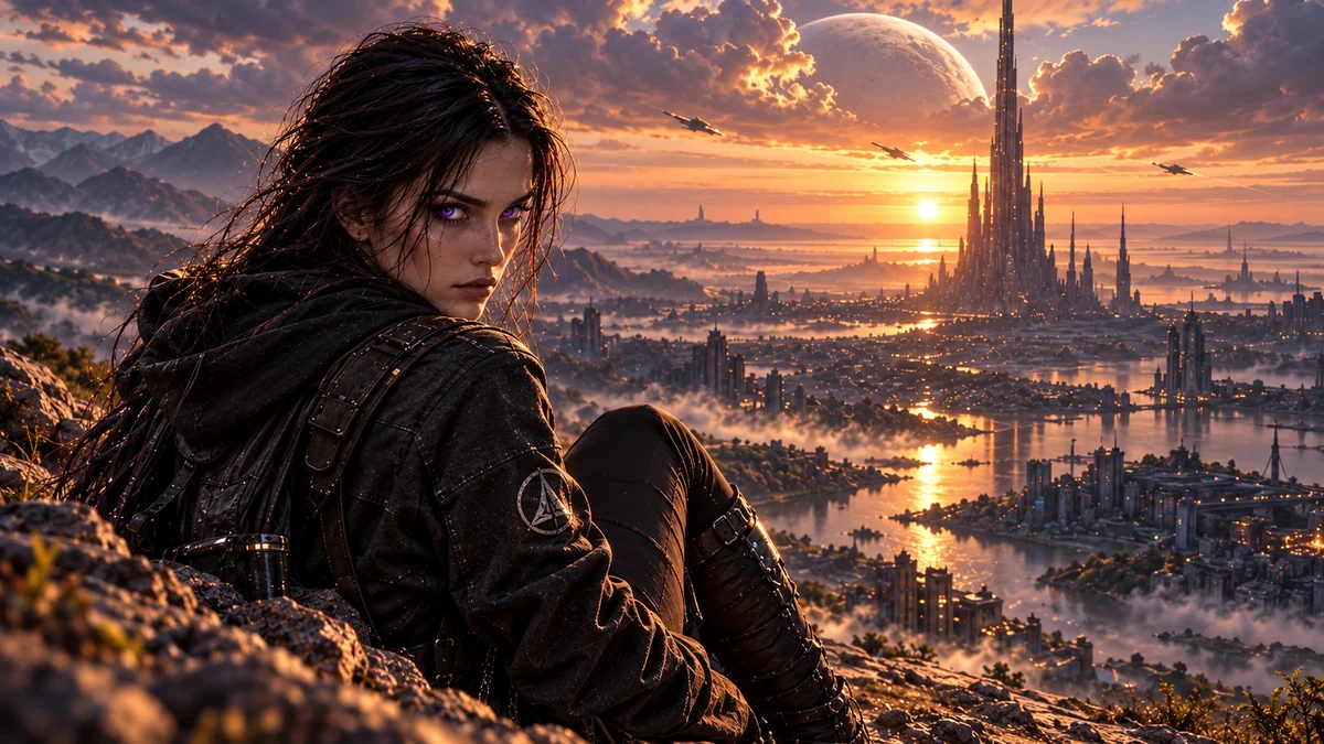 AetherFall overlooking a golden futuristic city at sunset. Desktop composition.