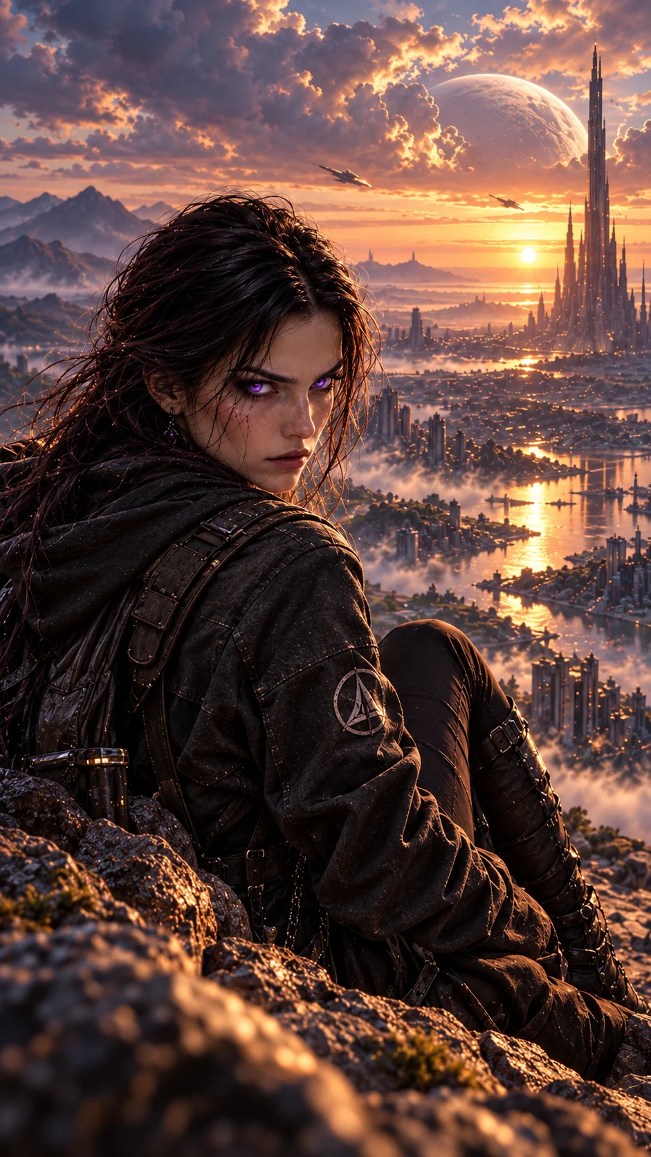 AetherFall overlooking a golden futuristic city at sunset. Phone composition.