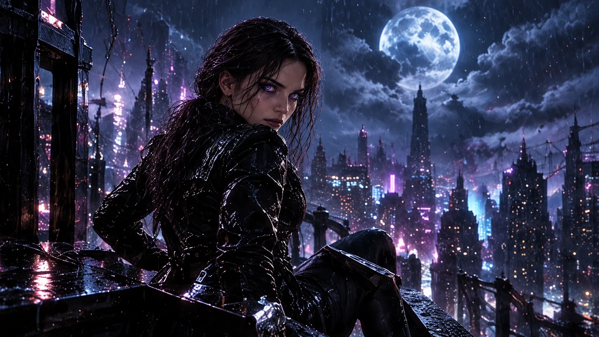 AetherFall on rain-soaked rooftops beneath a violet moon. Desktop composition.