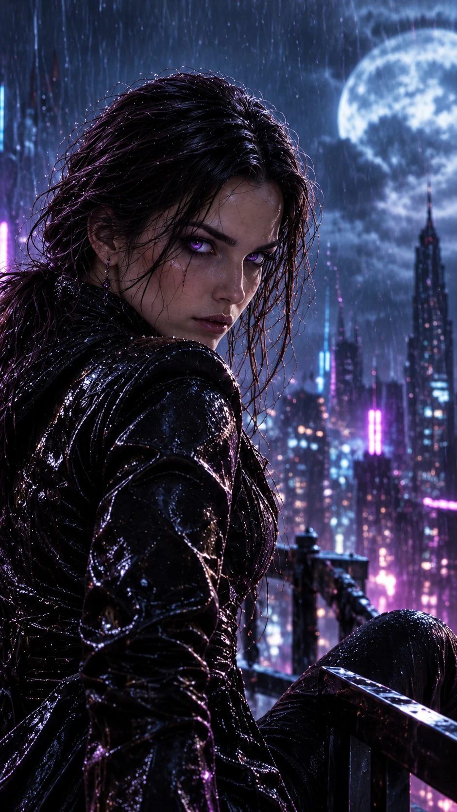 AetherFall on rain-soaked rooftops beneath a violet moon. Phone composition.