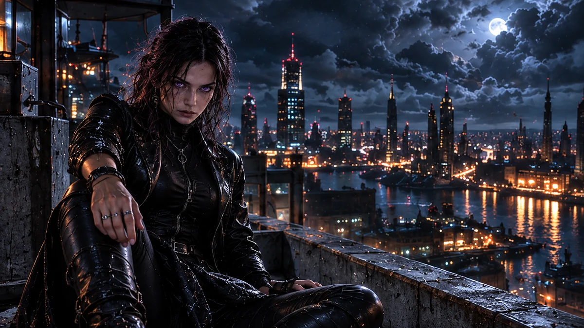 AetherFall seated on a terrace above a neon-lit city. Desktop composition.