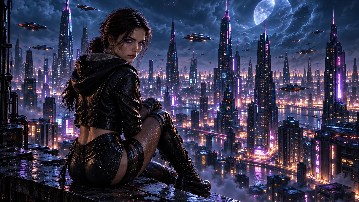 AetherFall on a rooftop as a spacecraft crosses the sky. Desktop composition.
