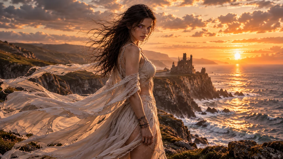 AetherFall in a flowing dress on a rocky shore at sunset. Desktop composition.