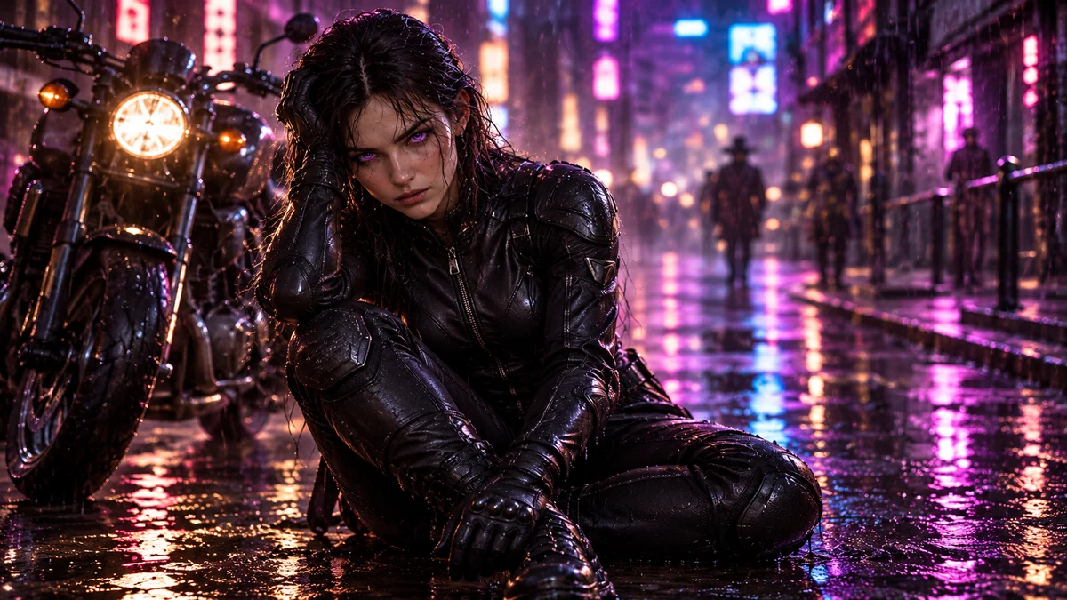 AetherFall beside a motorcycle on a rain-soaked neon street. Desktop composition.