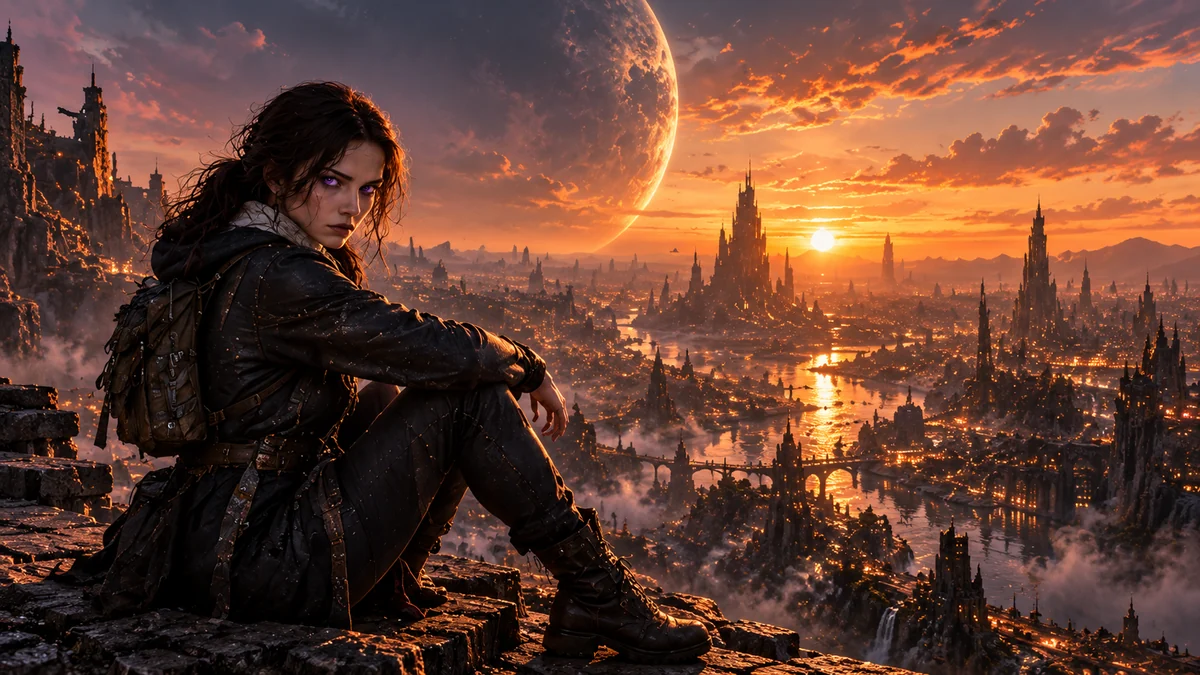 AetherFall on a balcony above a city under a giant planet. Desktop composition.