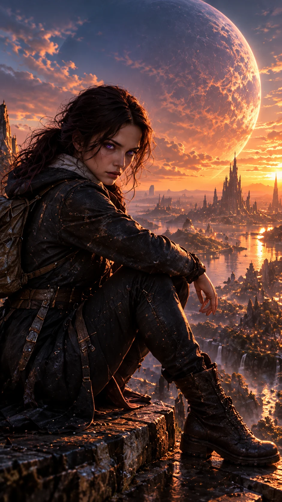 AetherFall on a balcony above a city under a giant planet. Phone composition.