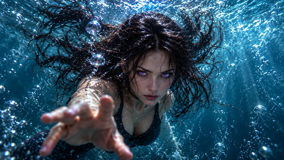 AetherFall reaching through clear blue water. Desktop composition.