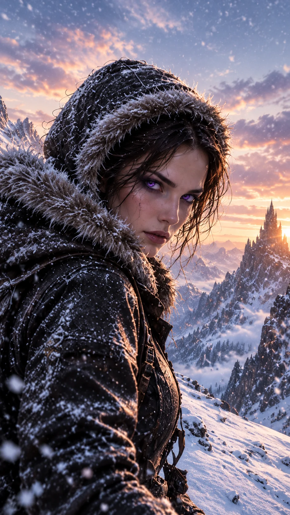 AetherFall wrapped in fur before a snowy citadel. Phone composition.