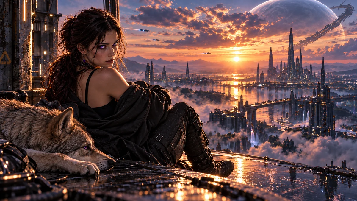 AetherFall and a wolf overlooking a violet city at sunset. Desktop composition.
